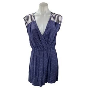 Petticoat Alley Blue Polka Striped Faux Wrap Sleeveless Mini Tank A-Line Dress S